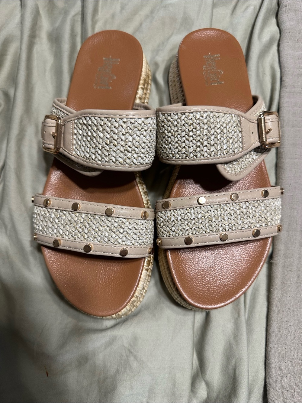 Woven Neutral Slide Sandals with Studded Straps